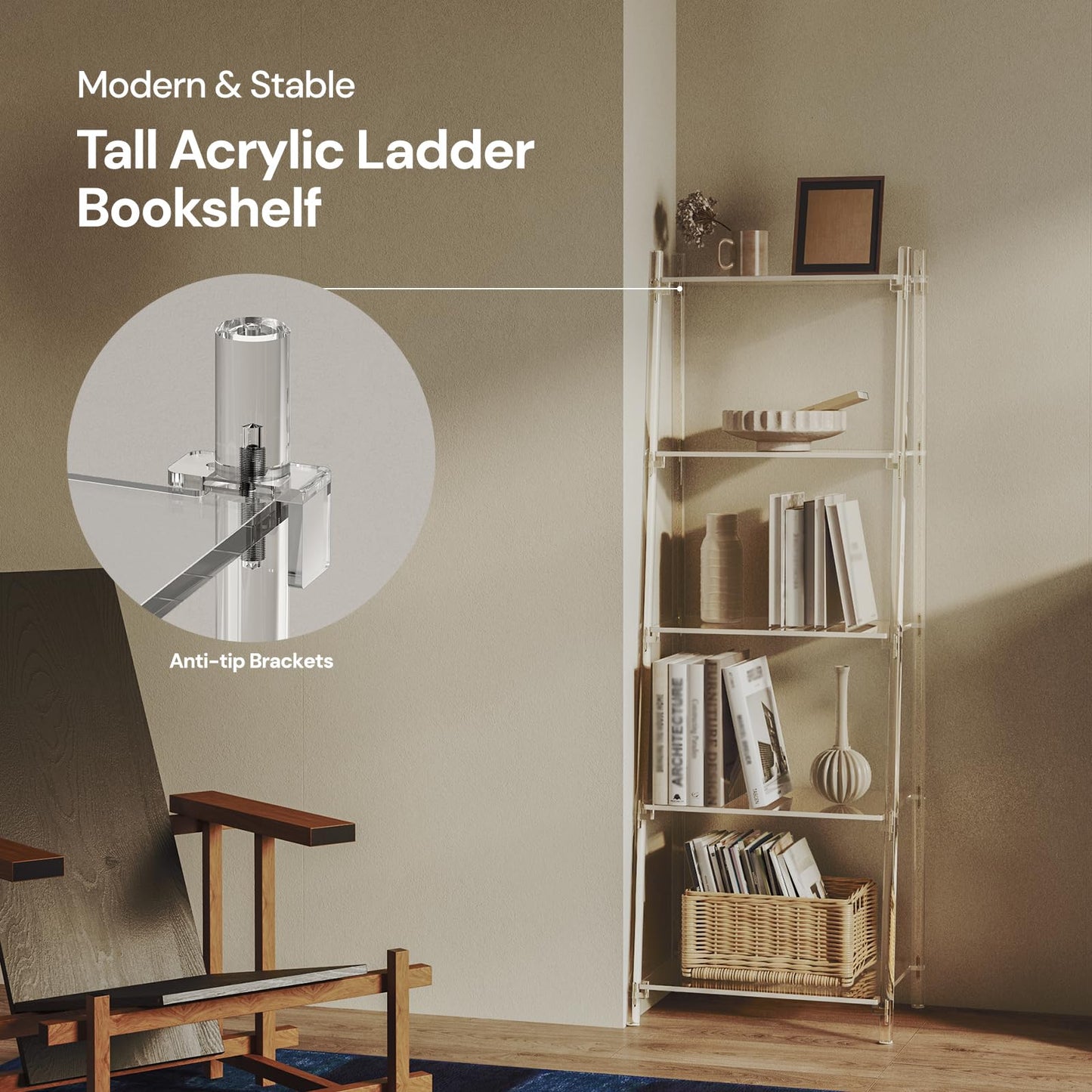 CRTERICX Acrylic Ladder Bookshelf, 13.8" D x 20.5" W x 59" H, 5-Tier Tall Clear Bookcase, Multifunctional Storage Book Shelf for Living Room, Bedroom, Office, Modern, Easy Assembly