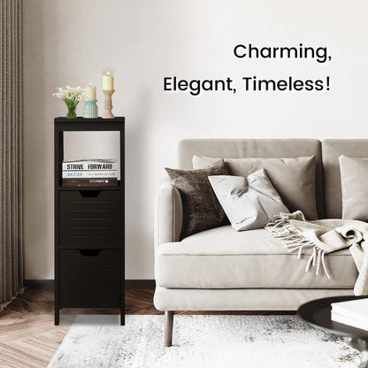 COSTWAY Bathroom Storage Cabinet, Freestanding Wooden Side Storage Cabinet with 2 Adjustable Drawers, Space-Saving Floor Cabinet for Living Room Bathroom Bedroom Entryway (Black)