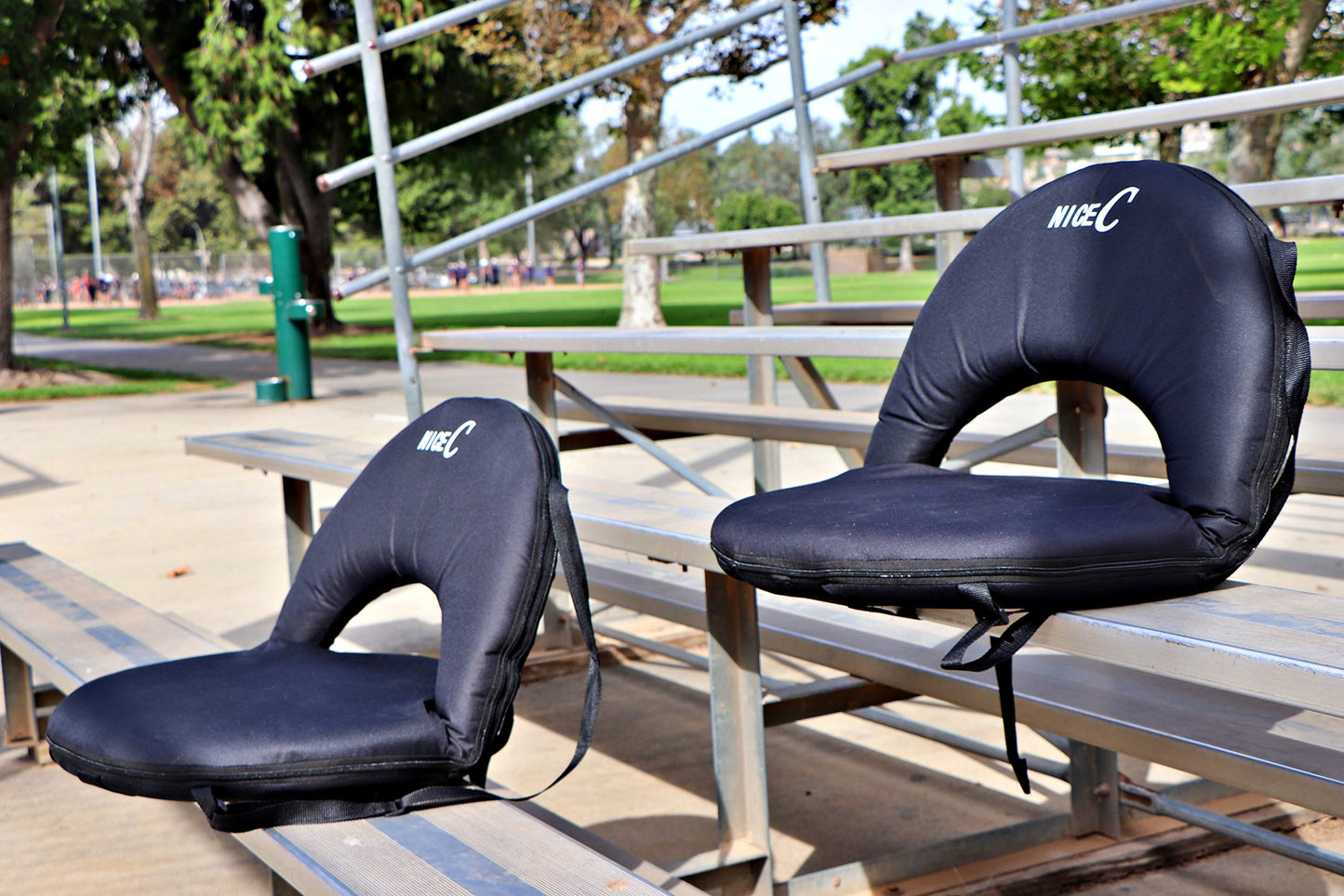 Nice C Stadium Seats, Floor Chairs, Bleacher Chairs, 10-Posisition Reclining Waterproof Cushion, Ultralight, Foldable, Extra Thick Padding, with Shoulder Strap & Net Pocket (Set of 1 Black)