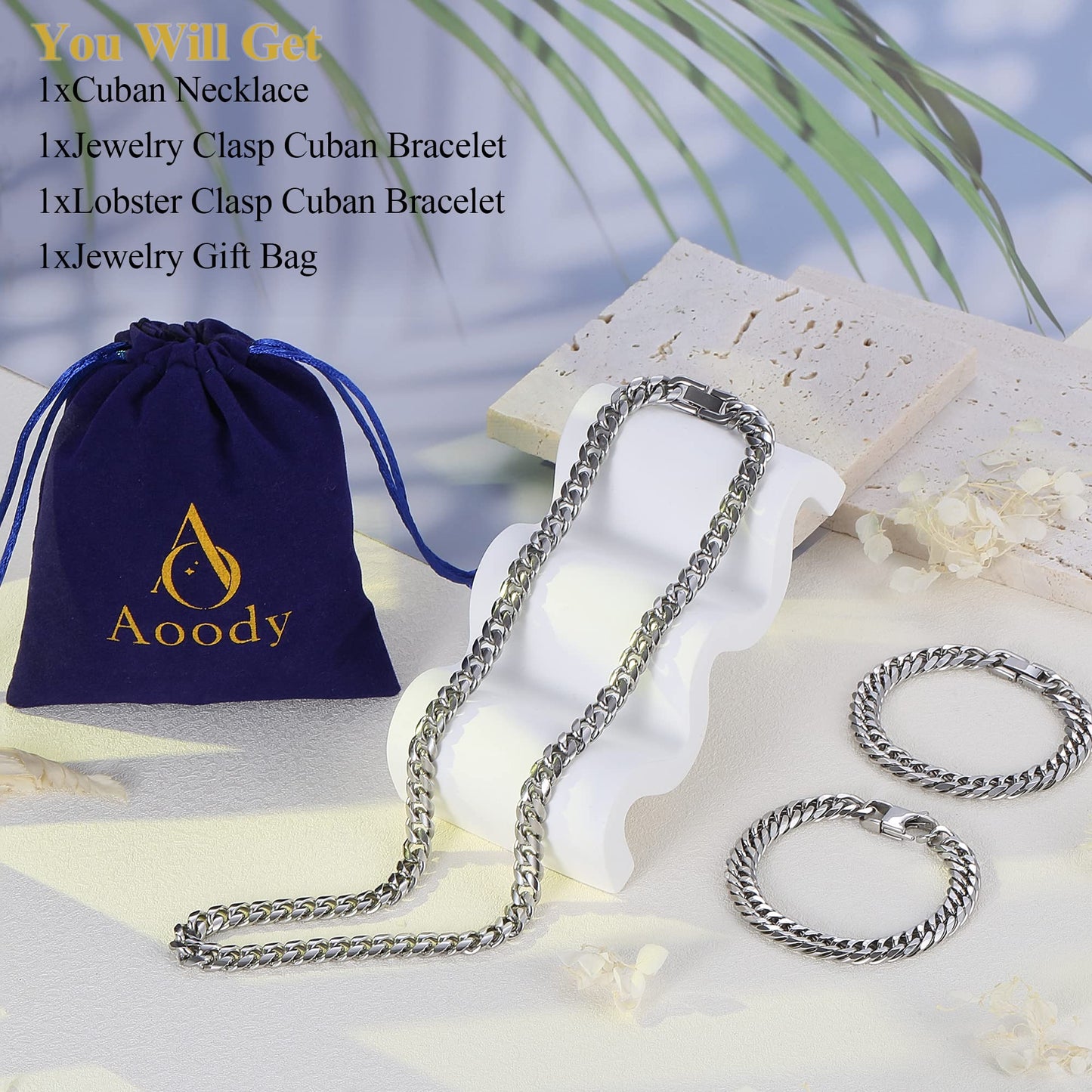 Aoody 3PCS Cuban Link Bracelet Necklace, Sturdy 316L Stainless Steel Cuban Link Chain for Men Jewelry Set 8mm, 7inches