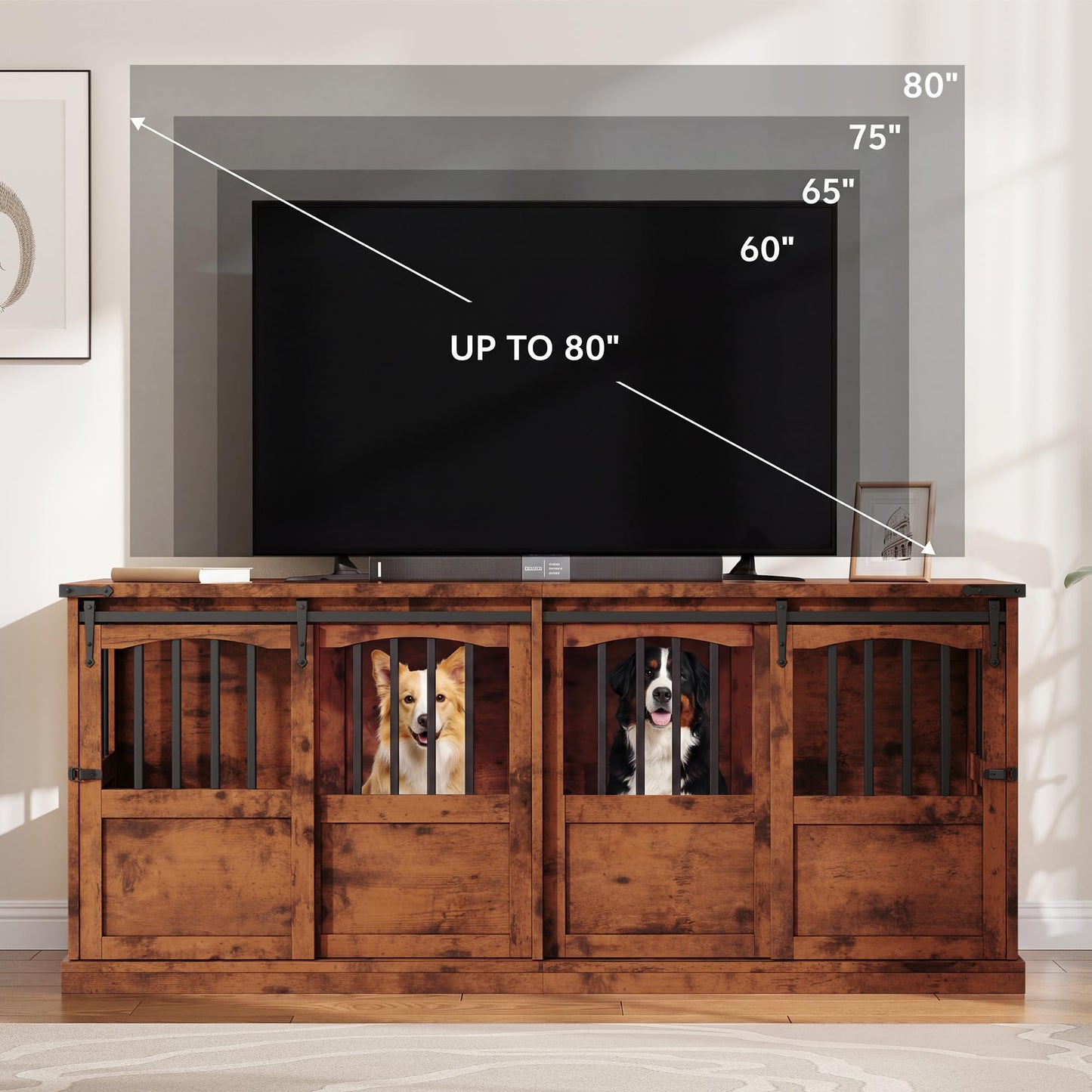 Homiflex Double Dog Crate Furniture with Barn Sliding Doors, 72" Large Dog Kennel Furniture Indoor with Divider for 2 Medium Large Dogs, Heavy Duty Wooden Dog Cage Decorative TV Stand, Brown