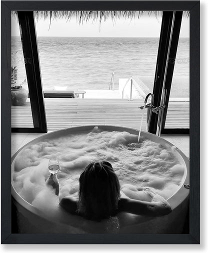 11x14 Poster Master Bath with Wine Poster - Beach View Print - Alcohol Art - Bar Cart Design - Girly Print - Black