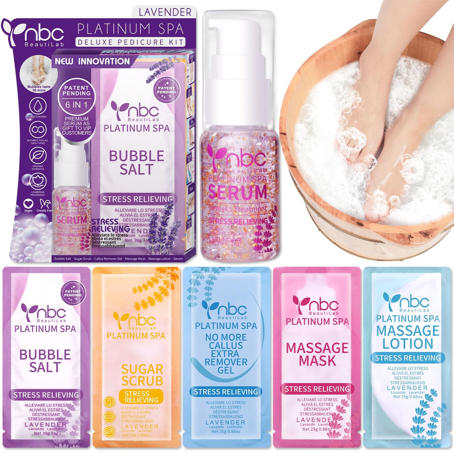 Pedicure Kit Foot Soak Set: Bubble Salt, Sugar Scrub, Massage Mask, Massage Lotion in a Box, 4 Step Foot Spa Kit for Dry Feet,Tired Feet（3 Set Tropical Fruit)
