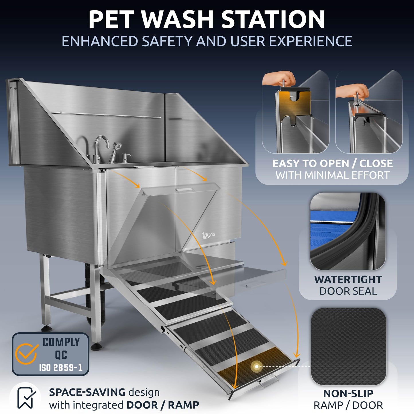 KANIS Professional Dog Washing Station 304 Stainless Steel Pet Wash Sink & Grooming Bathtub w/Shower, Floor Grates and Storage for Large, Medium & Small Pets (Silver, 50 Inches, Left Ramp, 1 Drawer)