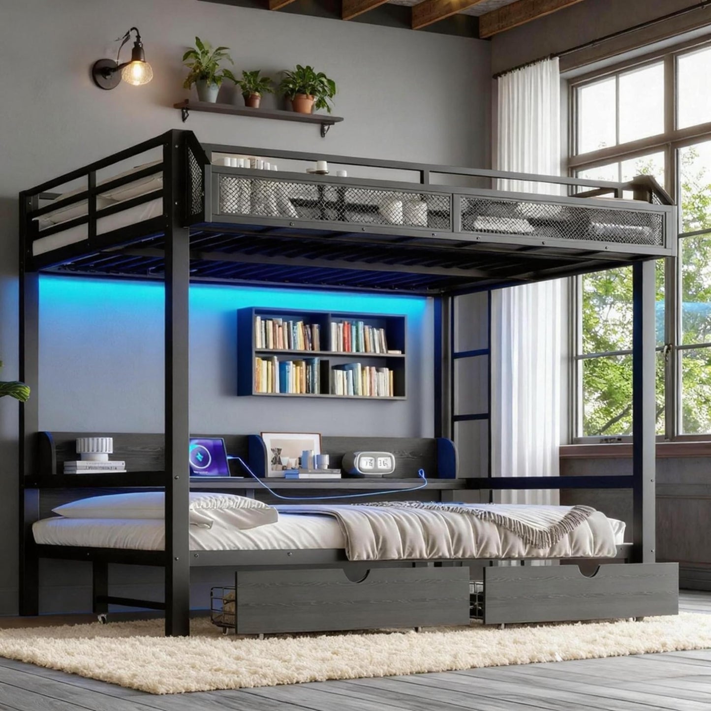 Queen over Queen Bunk Bed with Storage Drawers and Shelves, Metal Bunk Beds with Lights and USB Ports, Convertible Lower Bunkbed Queen for Guests, Bedroom, Dorms, Multi-function and Noise-free, Black