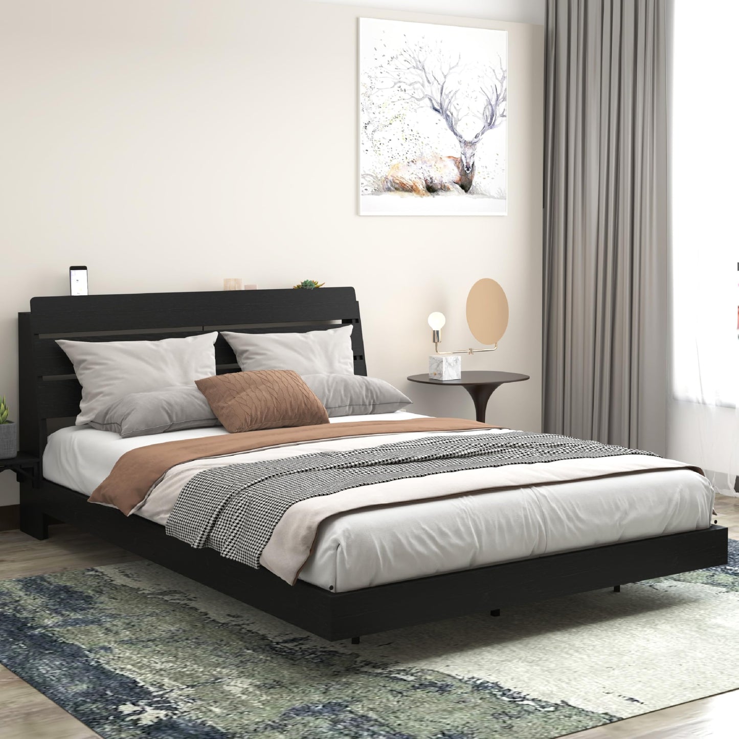 KEIKI Queen Size Floating Bed w/Storage Headboard & Tabletop, Farmhouse Wood Platform Beds Frame w/Light & Charging Station, Solid Bedframe Queen, No Box Springs Needed, Easy Assembly, Black