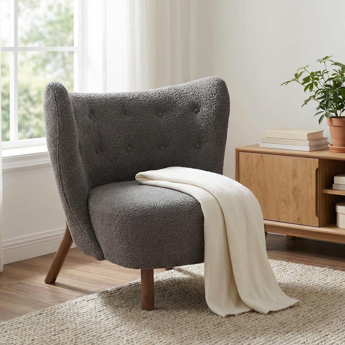 Christopher Knight Home Aurora Boucle Upholstered Wingback Accent Chair, Solid Wood Living Room Slipper Chair, Bedroom Comfy Reading Chair, Dark Grey