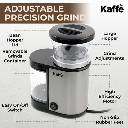 Kaffe Electric Burr Coffee Grinder (5.5oz) with Adjustable Coarseness Settings, Precision Coffee Bean Grinder (Silver)