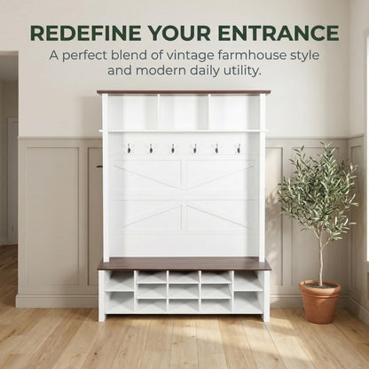 Farmhouse Hall Tree with Bench and Shoe Storage, 4-in-1 Entryway Coat Rack with 6 Hooks, 16-Cube Open Shelves & Adjustable Shelf, Wooden Entry Way Bench with Shoe Storage for Mudroom, Living Room