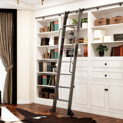 DIYHD 87" Lightweight Sliding Library Ladder with Handrail, Rolling Bookshelf Ladder with 4FT Rail System, Telescopic Top Hook, Upright Space-Saving Storage Design,7 Steps, 300 Pound Capacity, Black