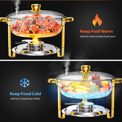 6QT Chafing Dishes for Buffet, 4 Pack Round Stainless Steel Chafing Dish Set, Chafers and Buffet Warmers Sets with Glass Lid, Food Warmers for Parties, Catering, Wedding (Sliver & Gold)
