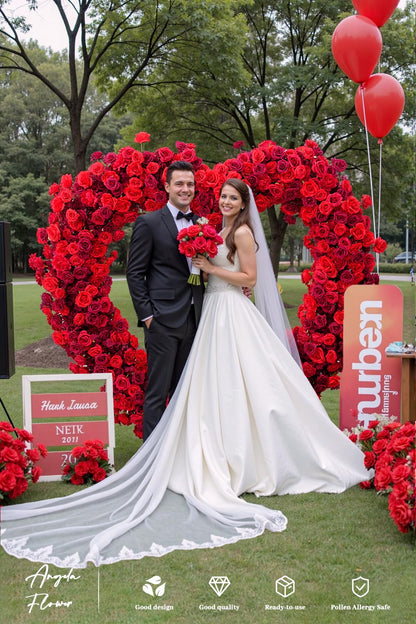 Fabric Cloth Base Artificial Flower Arrangement Decorative Heart Shaped Wedding Arch Backdrop Marriage Proposal Outdoor Party Event Decoration (Dark Red & Red Flowers no Arch)
