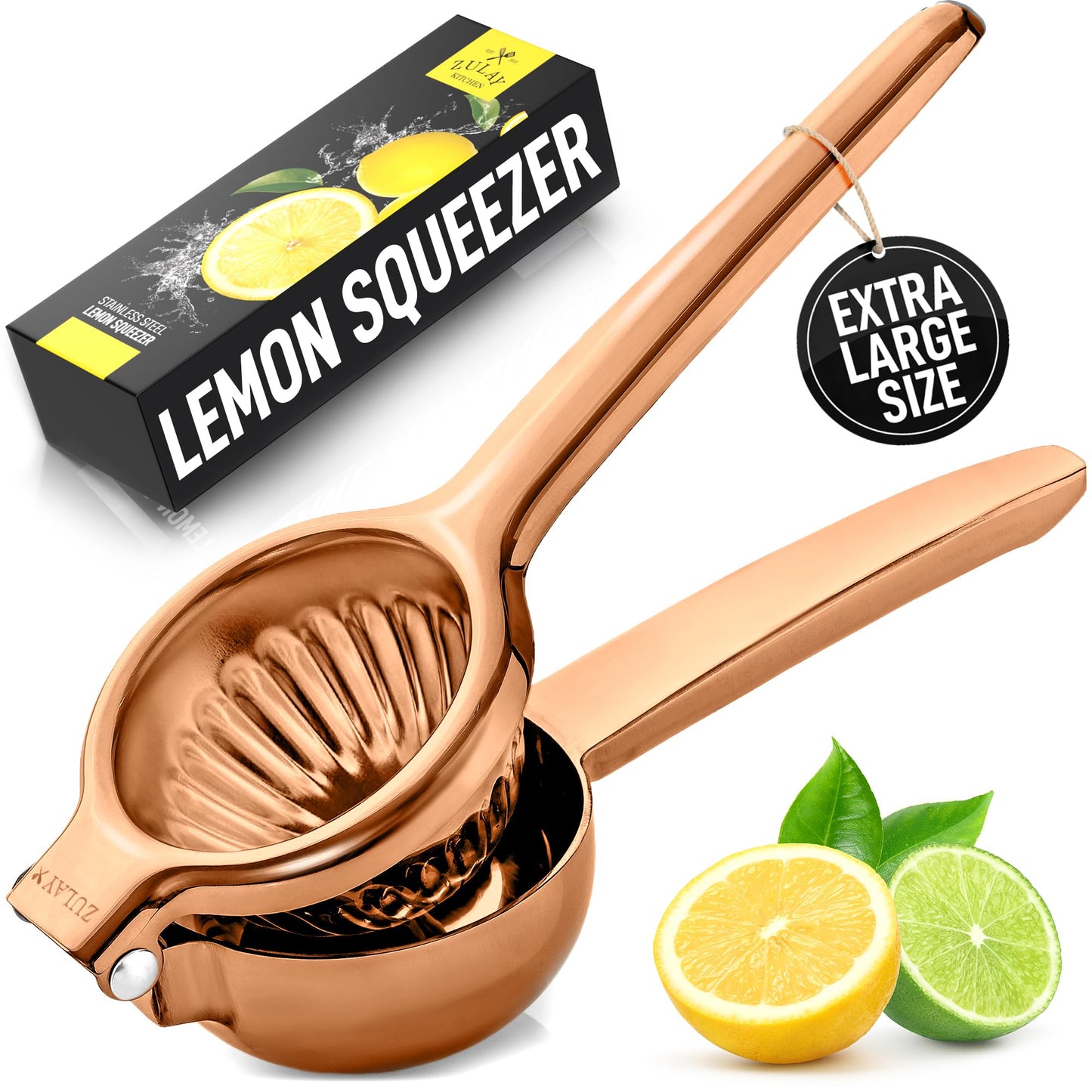 Zulay Lemon Squeezer Stainless Steel with Premium Heavy Duty Solid Metal Squeezer Bowl (Black Grip, Large)