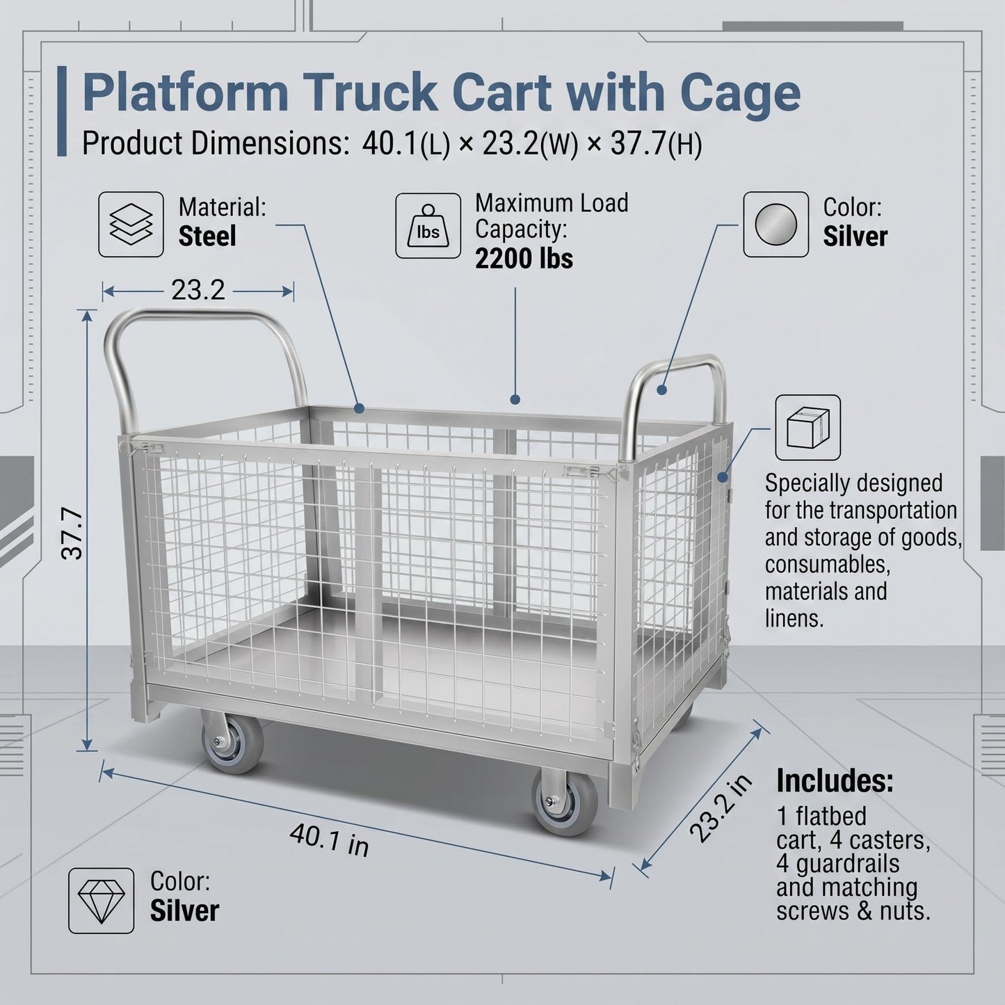 Silver Wire Mesh Cart, 300kg Load Capacity, Aluminum Alloy Construction for Home, Pet Store and Warehouse Use