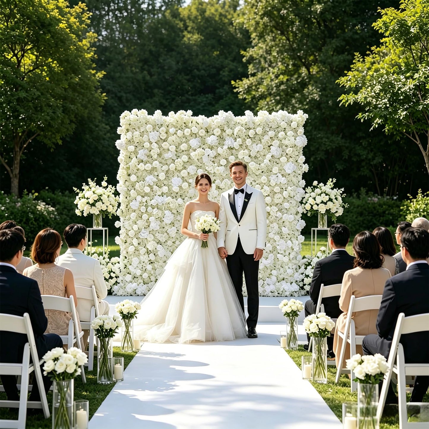5D Artificial White Realistic Rose wall Backdrop, 8×8ft,Artificial Flower wall Panel. Easy to Install and Store, Reusable. Perfect for Weddings, Birthday Parties, and Home Decoration. with Stand