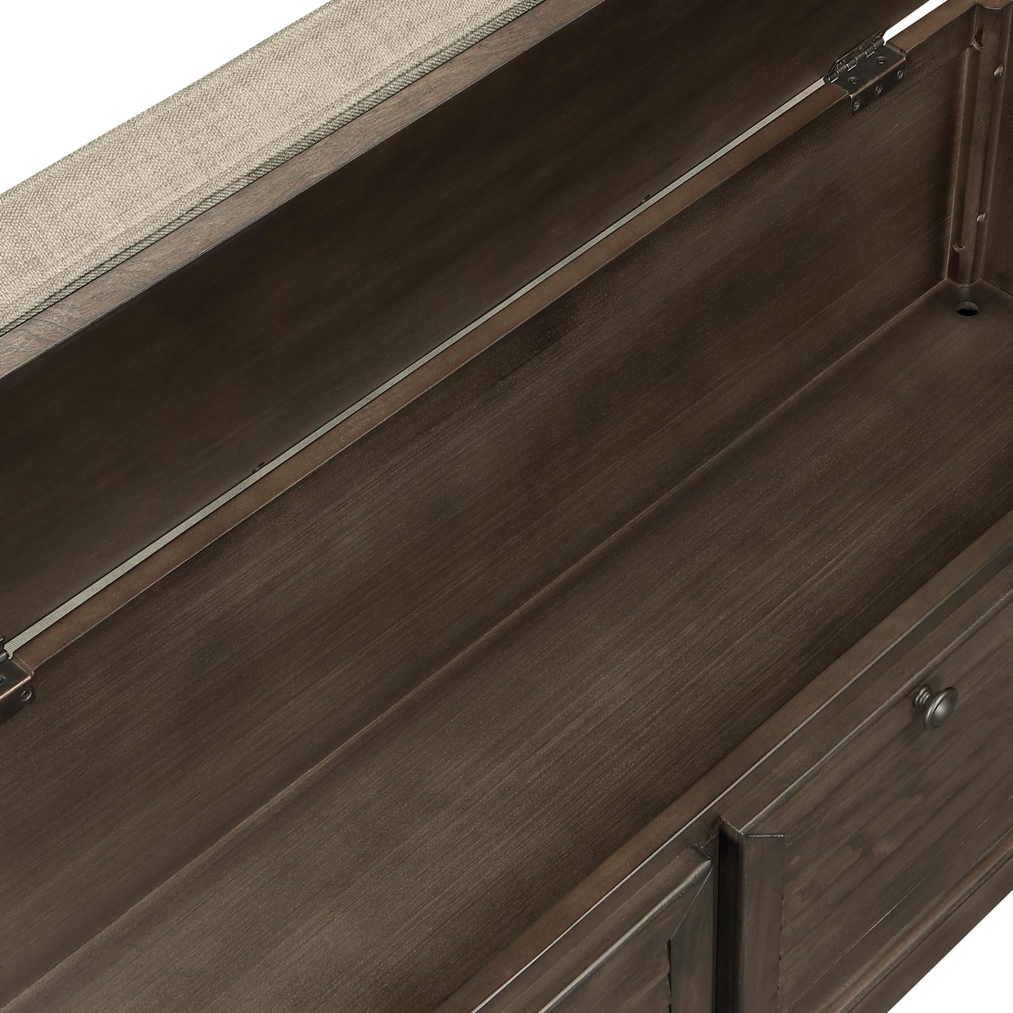 OSP Home Furnishings Dover Coastal Lift-Top Storage Bench with Shutter Face Styling, Dark Walnut Finish with Beige Fabric Cushion
