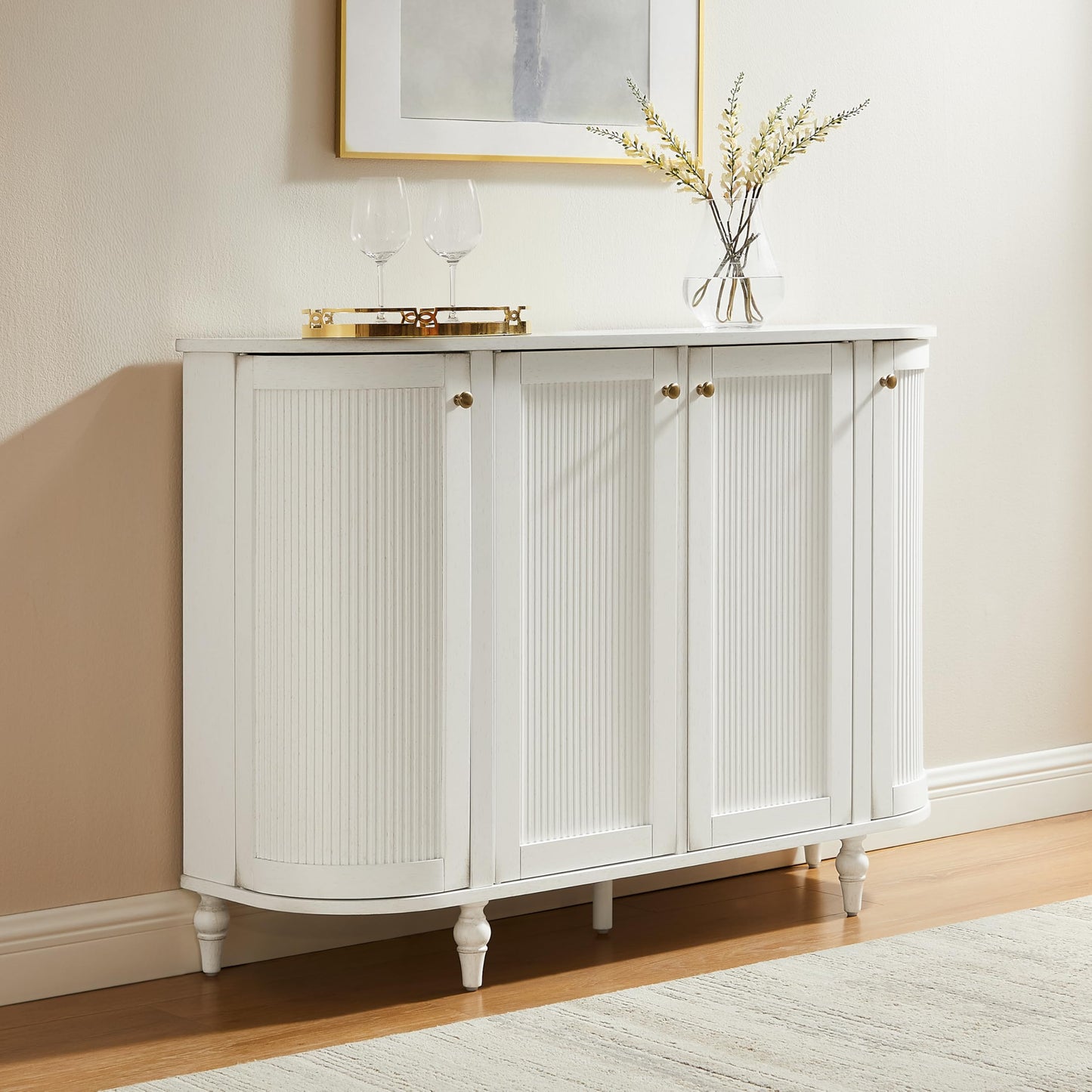 Crosley Furniture Monique Sideboard Traditional Buffet Cabinet with Storage Shelves, Fluted Doors, Distressed White