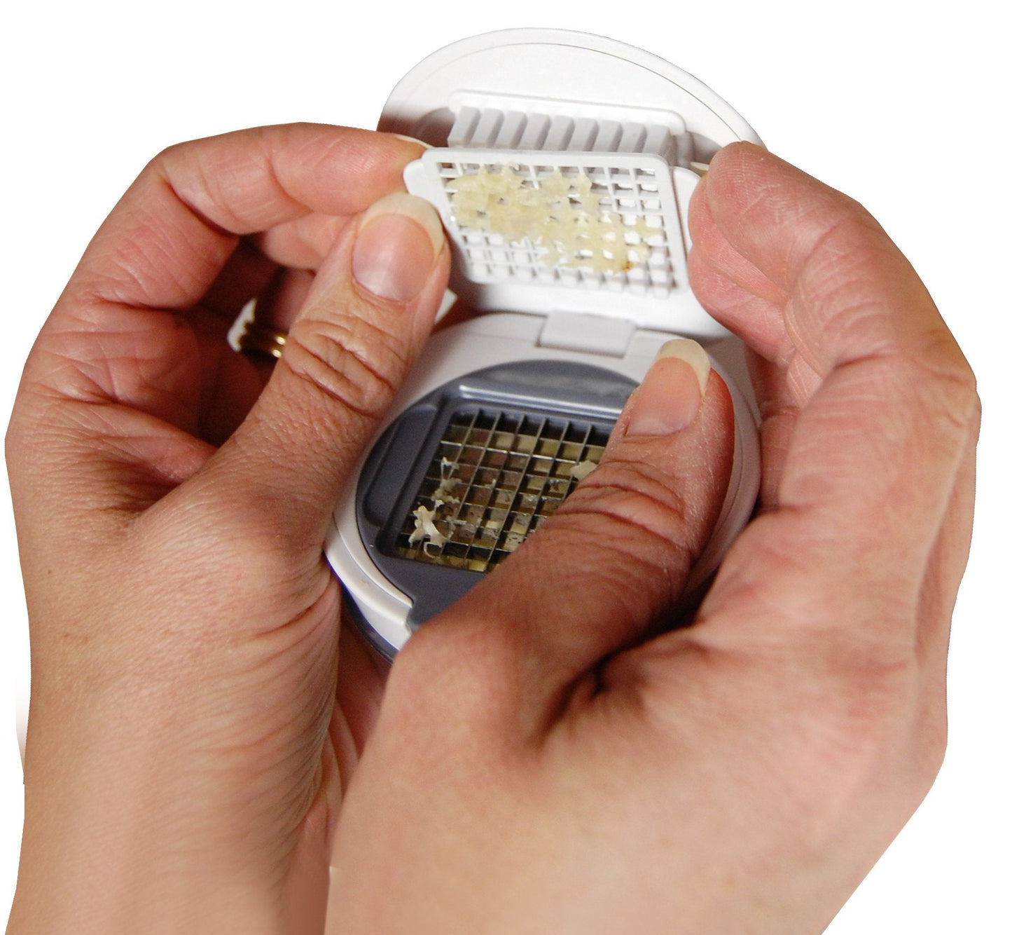 Garlic Perfection Press, Crusher, Mincer, and Storage Container - Easy to Clean - Stainless Steel Blades - White