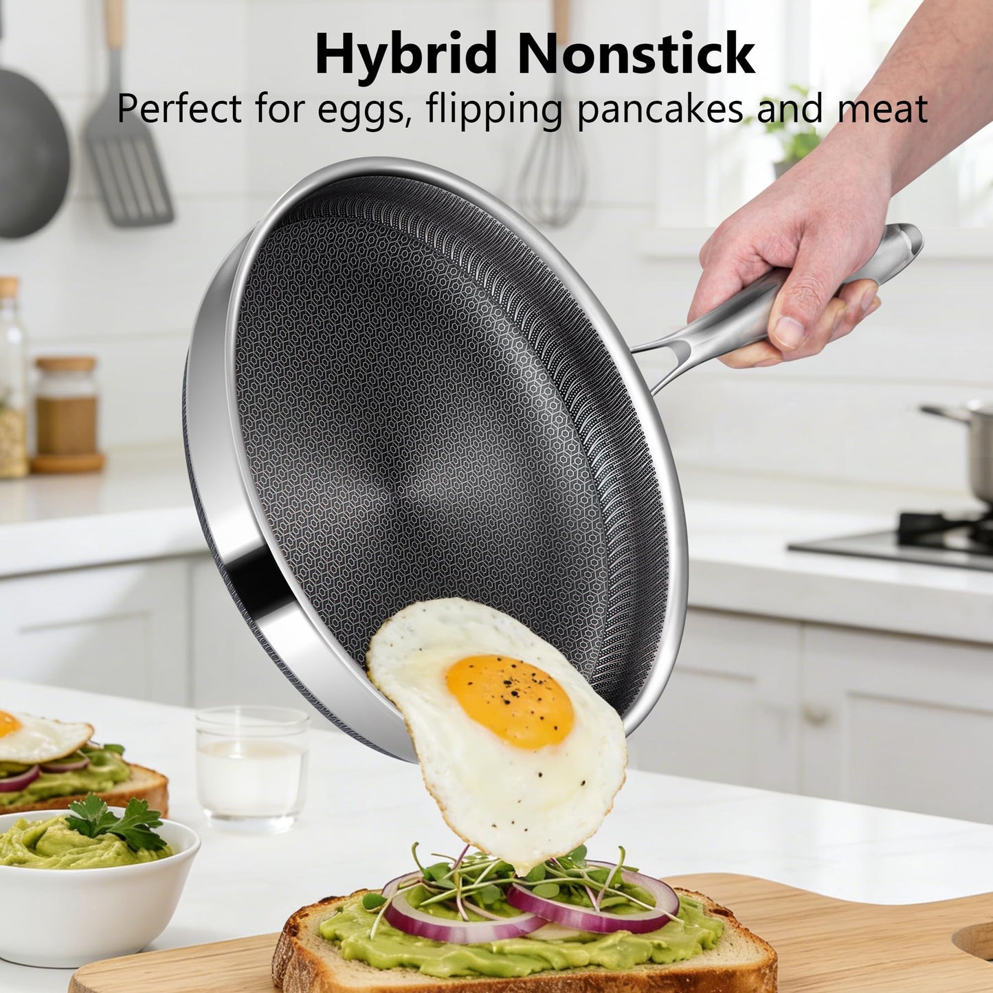 Vocvee Non Stick Frying Pans, 12-inch with Lid, Hybrid Frying Pans Nonstick Stainless Steel Skillets, Dishwasher & Oven-Safe, Stay-Cool Handle, PFOA Free Cookware, Compatible with All Cooktops