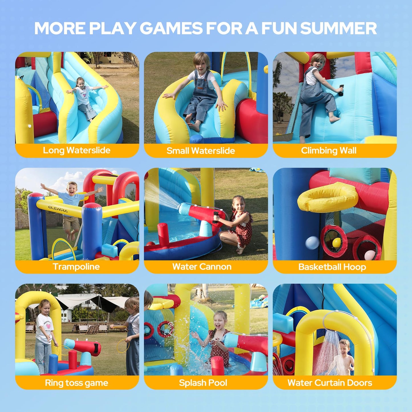 ELEMARA 10 in 1 Inflatable Water Slide Bounce House, Inflatable Bounce House with Blower, Dual Slides & Climbing Walls & Ring-toss Game & 2 Water Guns, Splash Pool, Blow up Water Slide with Blower