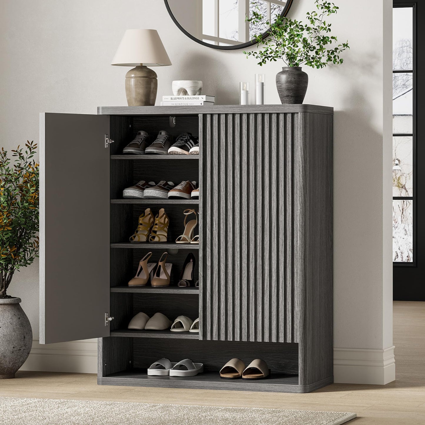 Garvee 31.5 Inch Shoe Cabinet, Large Shoe Storage Cabinet with Adjustable Shelves, Wooden Shoe Organizer with Fluted Door Holds 25–30 Pairs for Entryway & Living Room,Grey