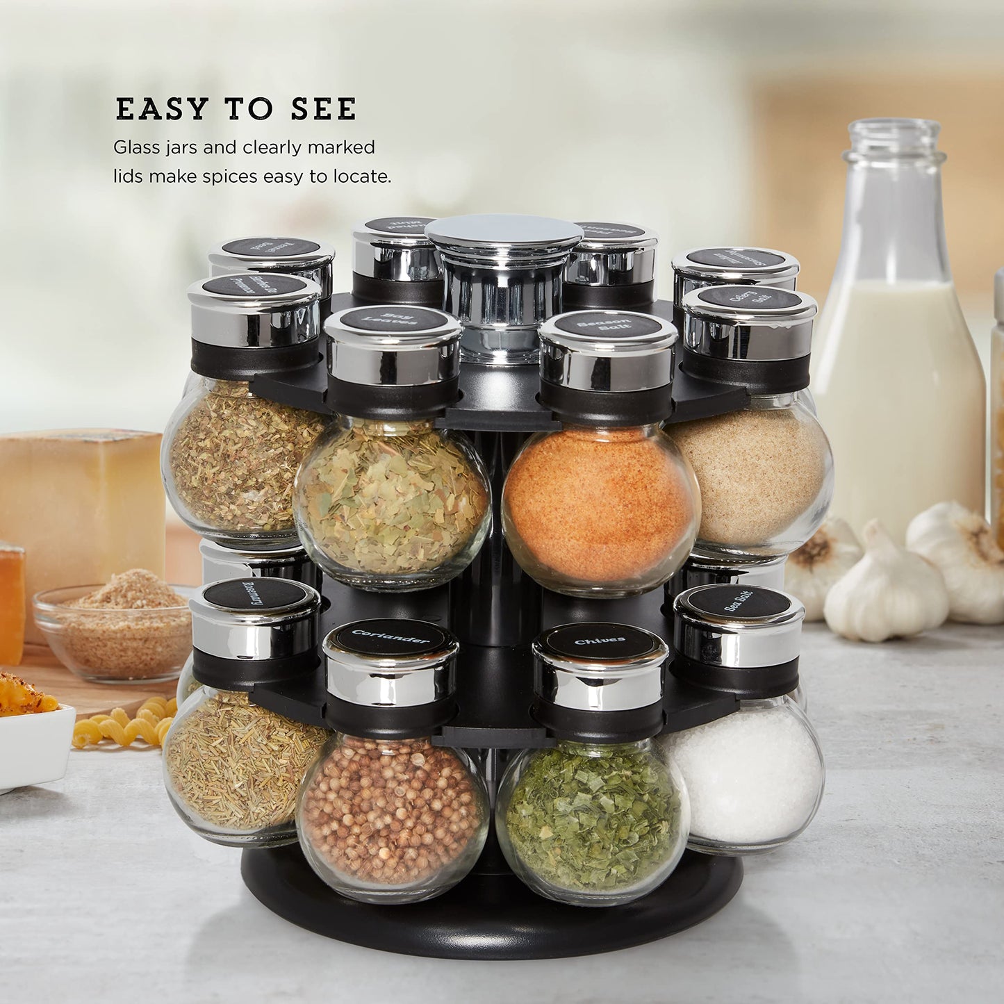 Kamenstein Ellington 16 Jar Revolving Spice Rack with Prefilled Spices - Rotating Chrome and Plastic Countertop Organizer with Sifter Caps and Labeled Lids