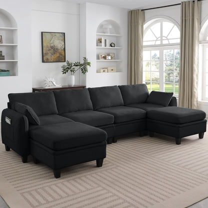 KEIKI 109 Inch Chenille Sectional Sofa Set, Modern U-Shaped Sleeper Cloud Couch with Storage Pockets & Ottoman, 6-Seater Modular Sofa Couches Bed for Apartment Living Room Lounge, Easy Assembly, Black
