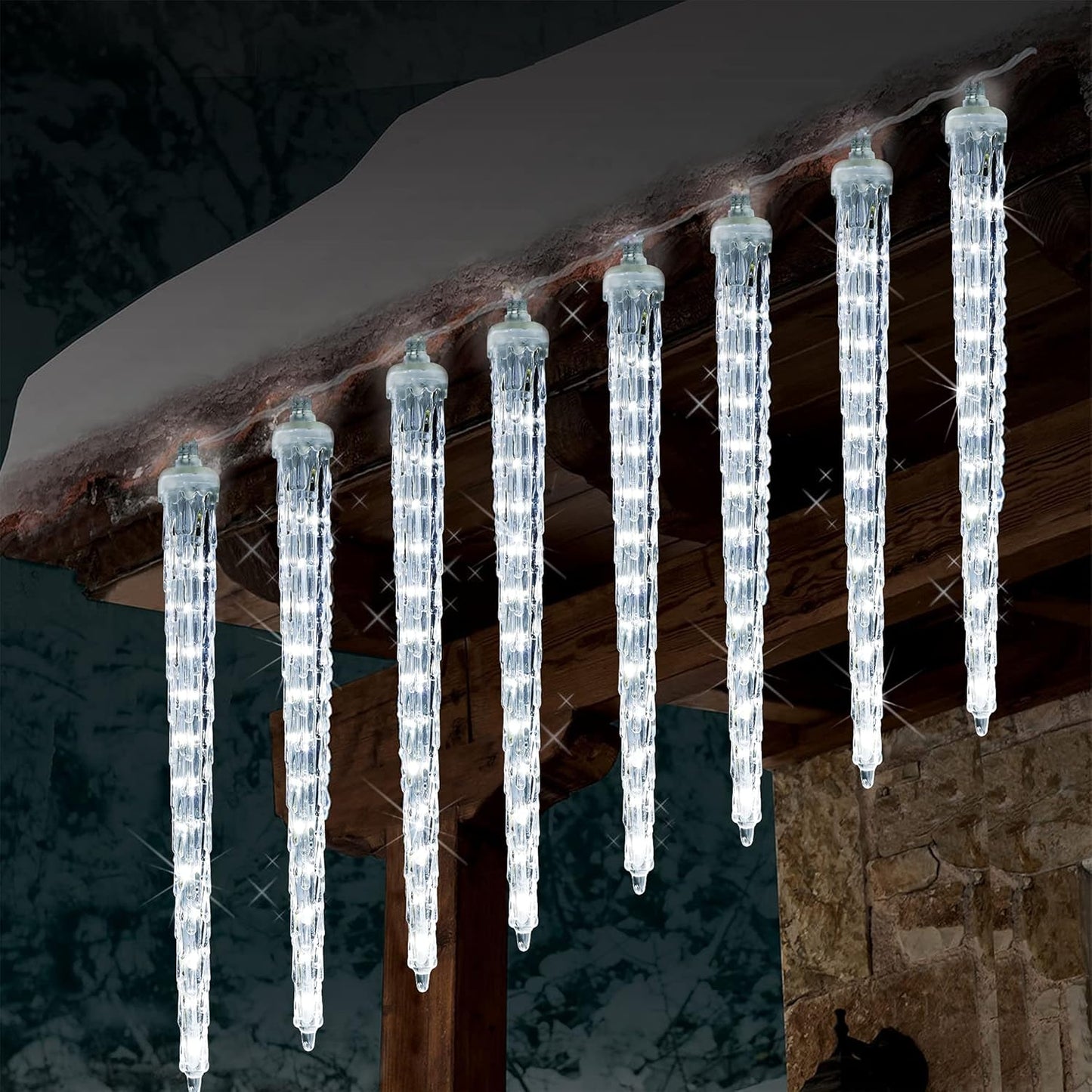 WATERGLIDE Meteor Shower Lights - 12" Outdoor Icicle Christmas Lights | 8 Icicles with 192 SMD LEDs, Connectable Raindrop Design for Holiday Decor