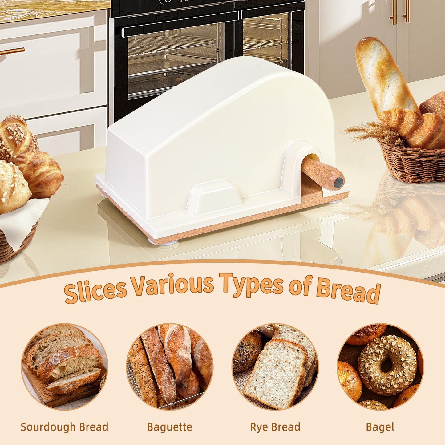 CAWIU Upgraded Manual Bread Slicer for Homemade Sourdough Bread - Adjustable Thickness Bread Cutter with Hand Crank, Suction Cups, Slicing Guide, Scale Line & Cover, for Perfect Even Slices (Cream)