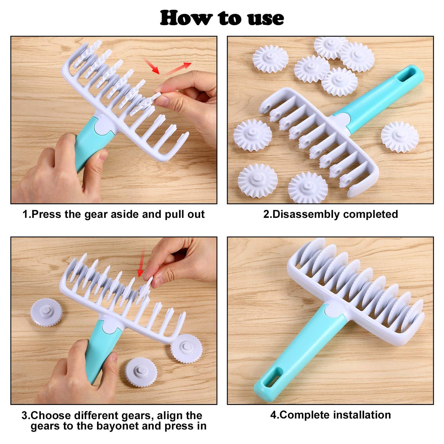 Boao Fondant Ribbon Cutter Wheel Roller Mold Dough Lattice Cutter 4 Different Gears Embosser Set Noodle Dough Roller Pastry Tools for Pie Baking
