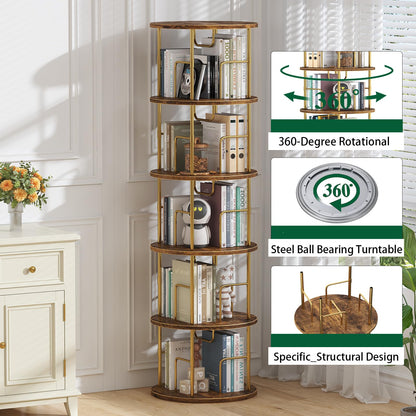 5Tier Rotating Bookshelf, 360 ° Display Stackable Spinning Bookshelf Tower,Round Space Saving Tall Floor Standing Swivel Bookcase Corner Storage Organizer for Bedroom/Living Room/Office，Gold