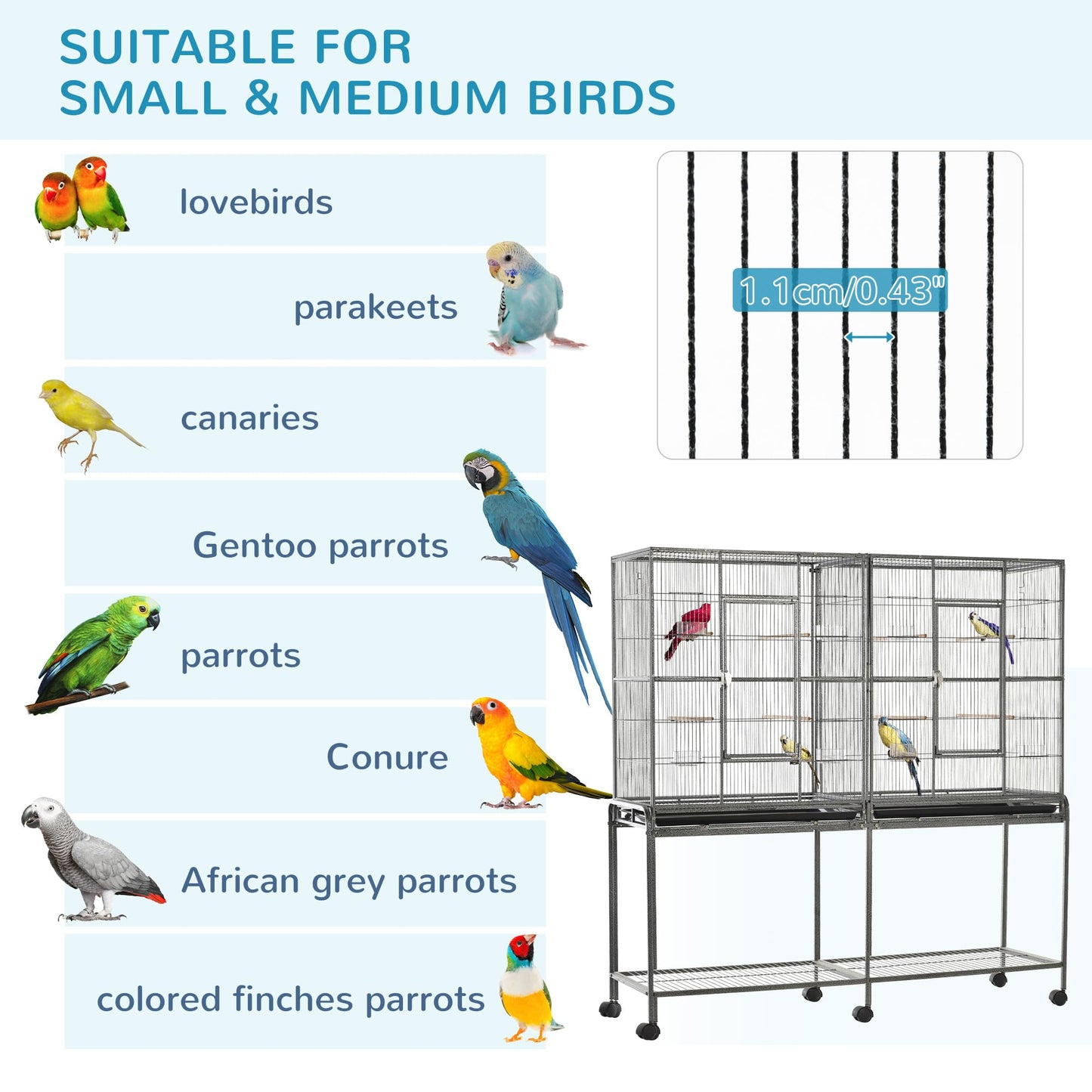 PawHut 65" Double Rolling Metal Bird Cage with Divider, Large Parrot Cage for Parakeet, Canaries, Lovebirds, Budgie, Finch, with Detachable Rolling Stand, Storage Shelf, Wood Perch & Food Container