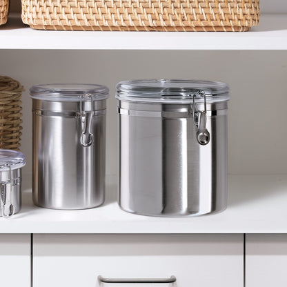 Oggi Stainless Steel Kitchen Canister 62 fl oz - Airtight Clamp Lid, Clear See-Thru Top - Ideal for Kitchen Storage, Food Storage, Pantry Storage. Large Size 5" x 7.5".