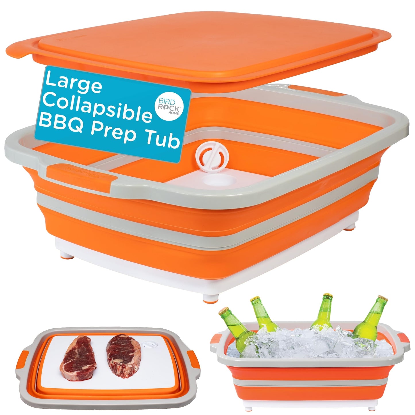 BIRDROCK HOME Collapsible Food Prep & Cutting Board and Grill Caddy Tub with Colander & Lid | Multifunctional Kitchen Vegetable Washing Basket | Silicone Dish Tub for BBQ, Picnic, Tailgate and Camping