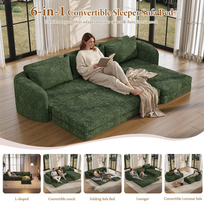 Vesgantti 110.2" Boneless Sectional Couch with Curved Armrest, 6 in 1 Convertible Folding Sleeper Sofa Bed, Chenille Modular Sofa for Living Room, No Assembly Required, Green, Right Facing Chaise