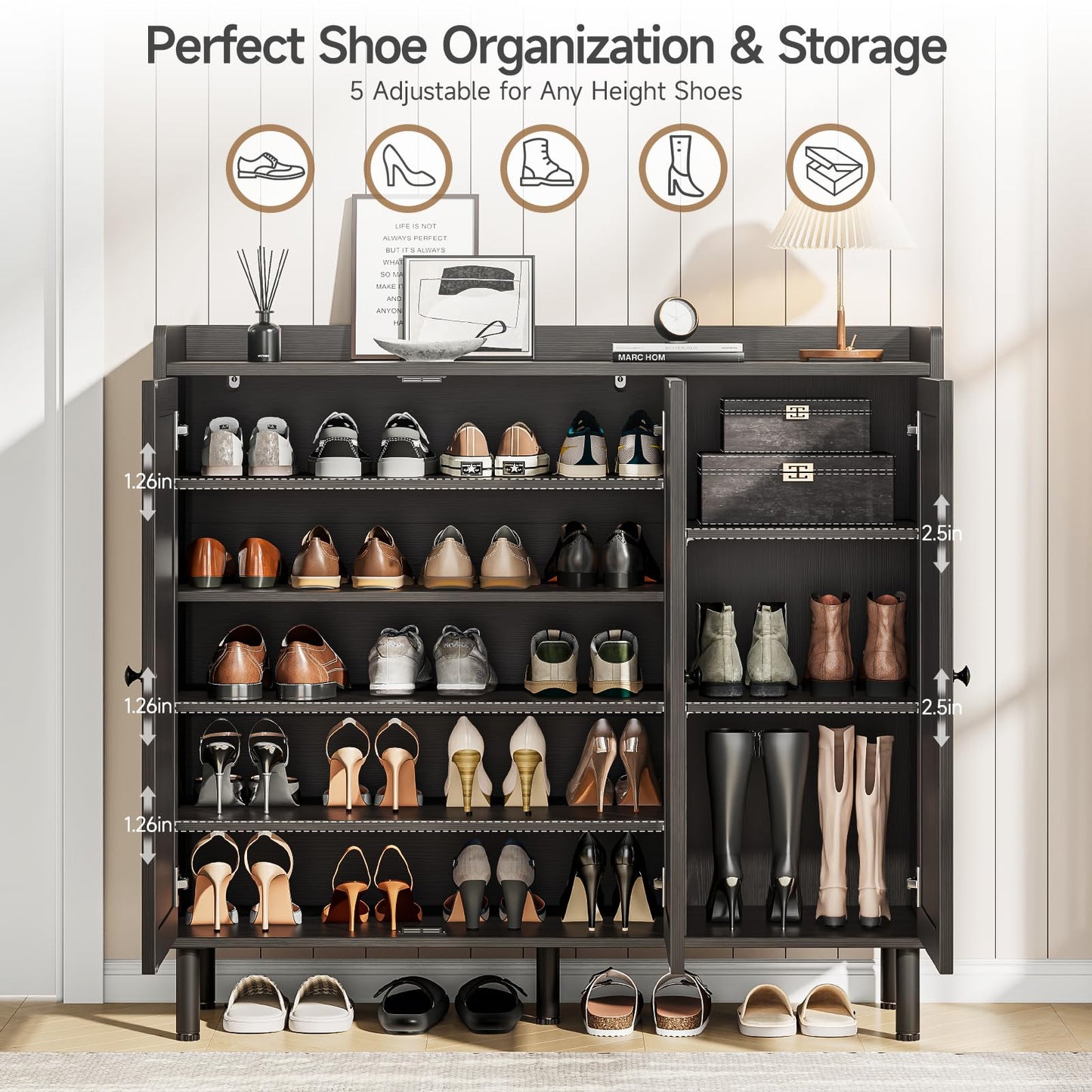 ONBRILL Shoe Cabinet with 3 Doors and Adjustable Shelves, 30 Pairs Shoe Storage Cabinet, 40 Inch Tall Farmhouse Shoe Rack Shoe Organizer Cabinet for Entryway Living Room Closet, Black