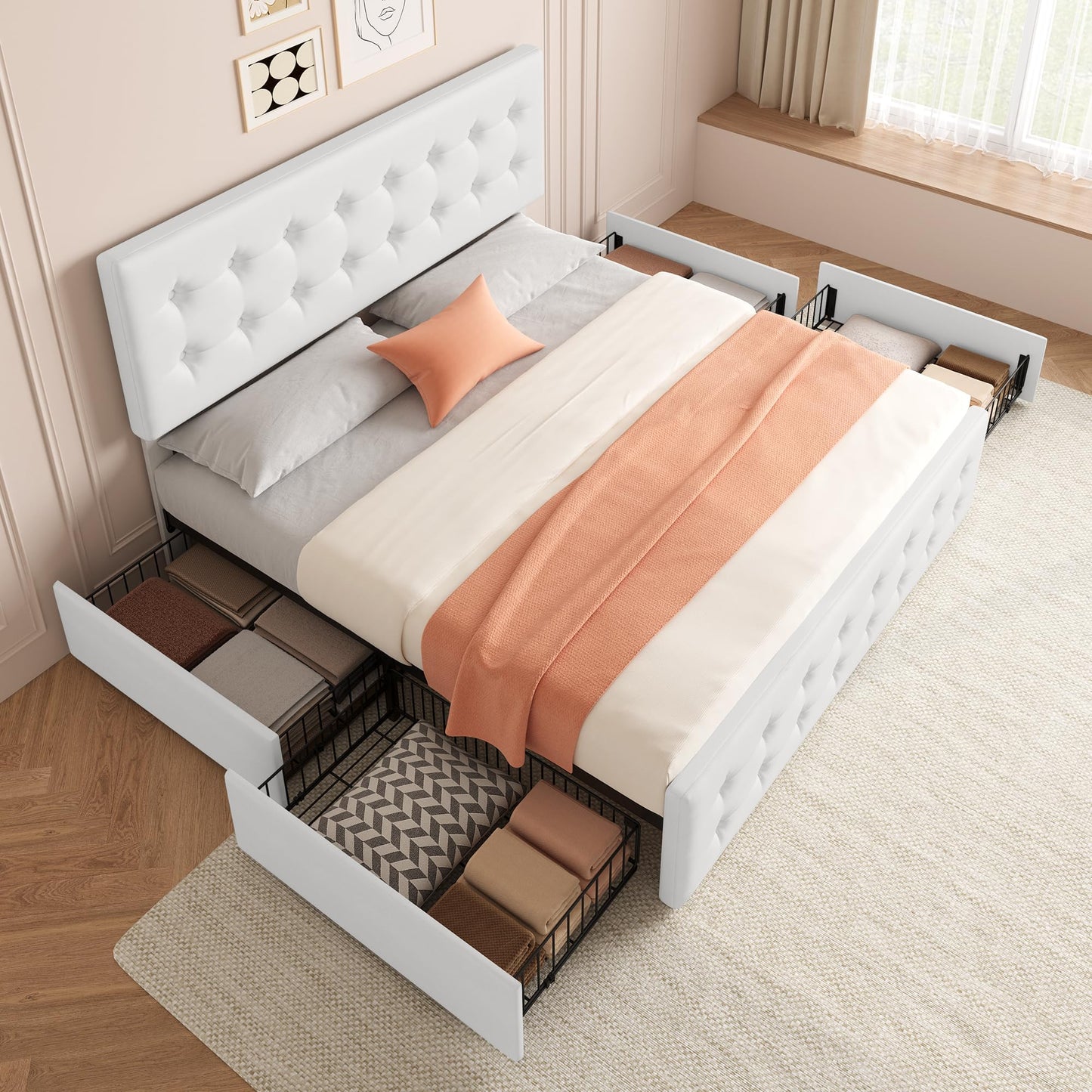 GarveeHome King Size Bed Frame with 4 Storage Drawers and Faux Leather Upholstered Headboard, Wooden Slats Support, Button Tufted Design, No Box Spring Needed, White