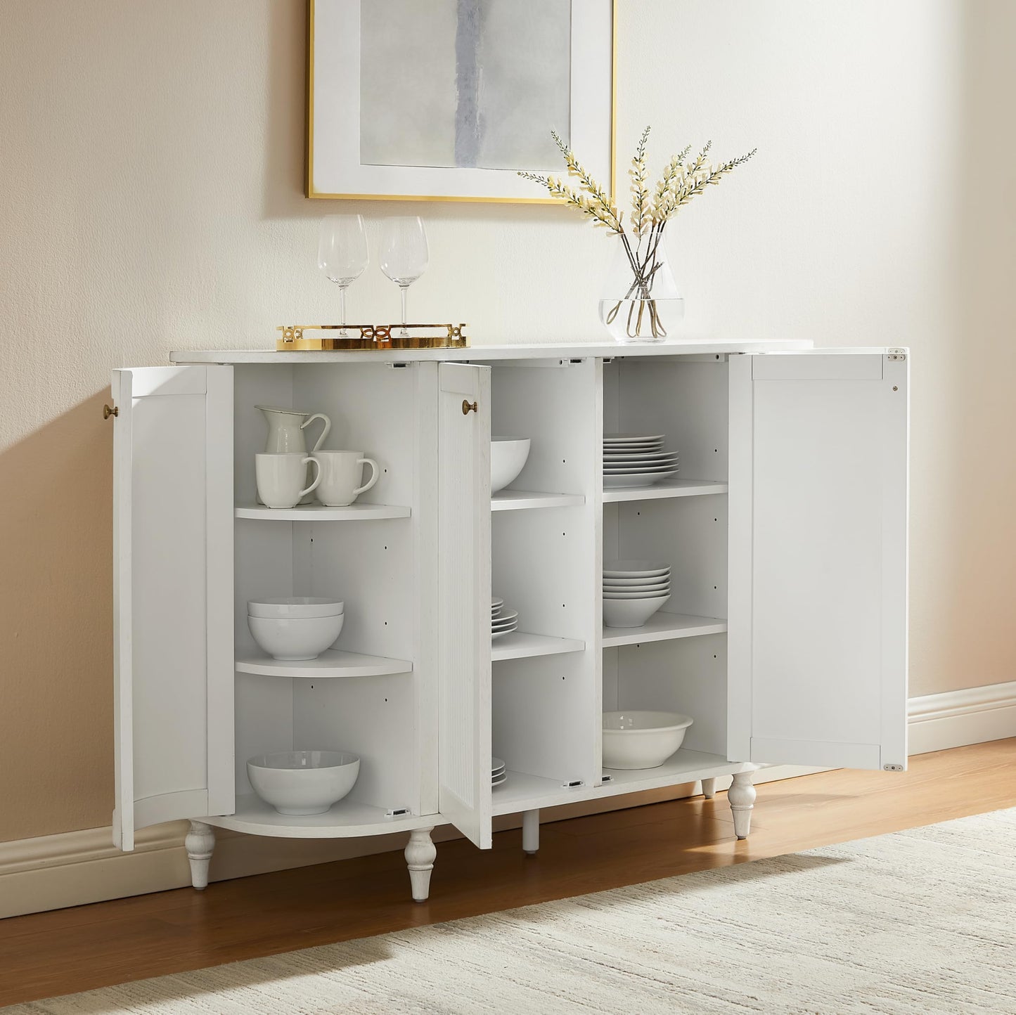 Crosley Furniture Monique Sideboard Traditional Buffet Cabinet with Storage Shelves, Fluted Doors, Distressed White