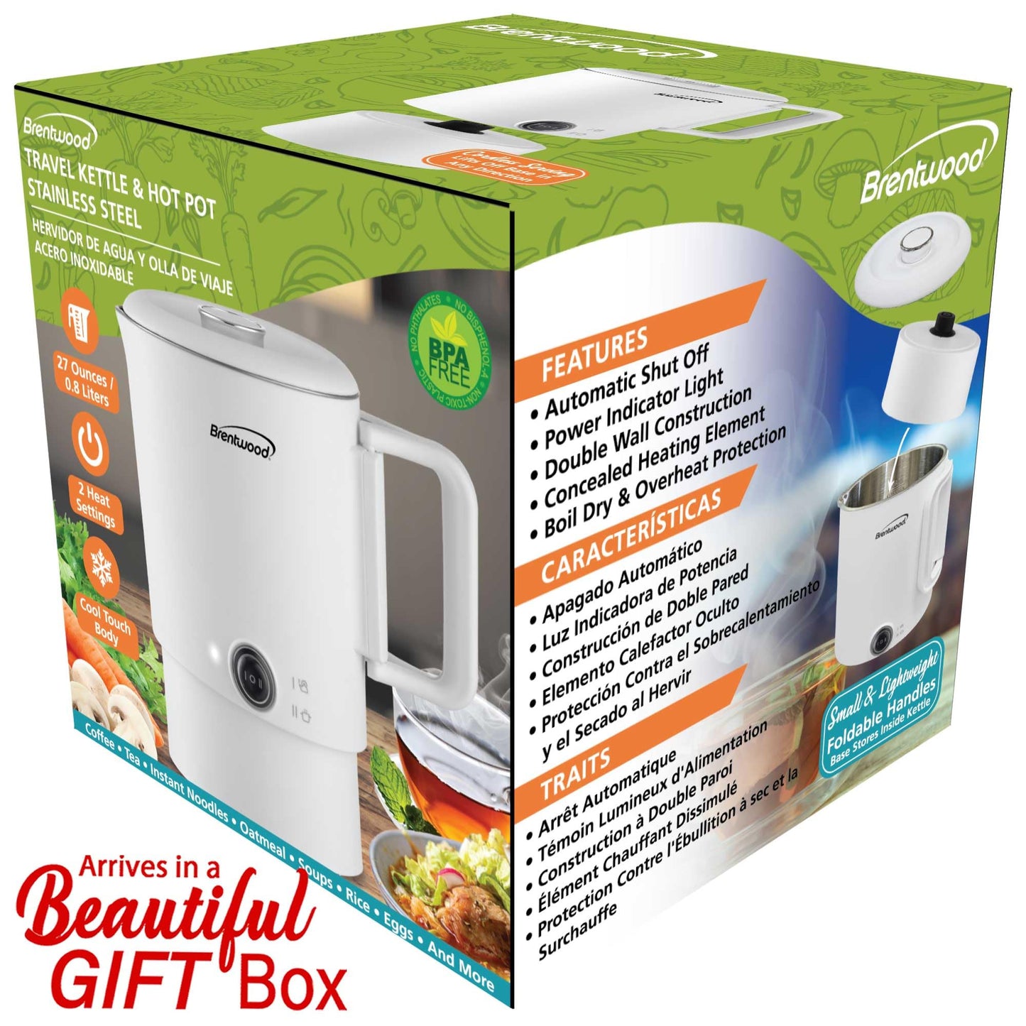 Brentwood KT-1504W 27oz Electric Travel Kettle & Hot Pot, Collapsible, Cool Touch Double Wall Stainless Steel Construction, Cordless with 360° Base, Auto Shut Off, Boil Dry Protection (White)