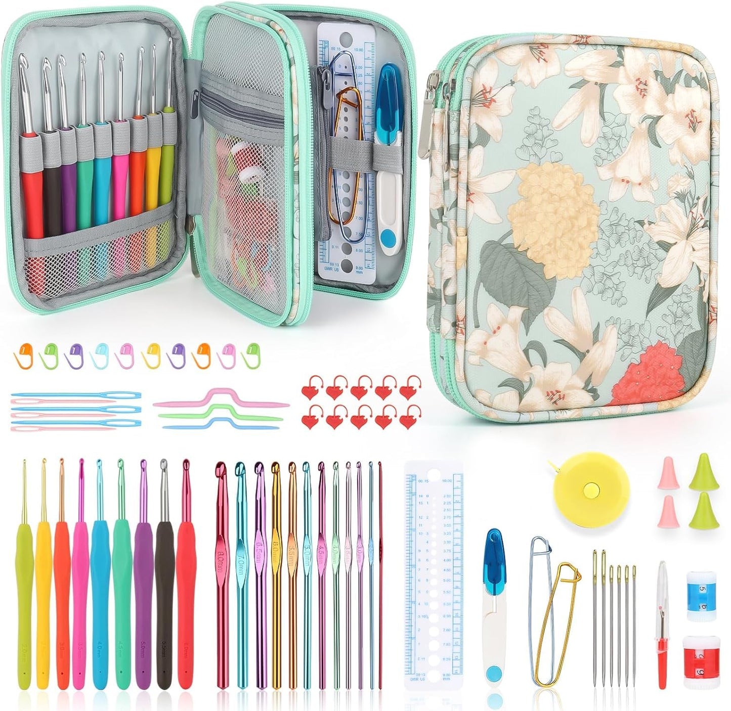 Katech Crochet Hooks Set with Crochet Case, 73 pcs Knitting Accessories Ergonomic Crochet Hook for Making Bag, Glovers, Sock, Colorful Soft Handle Knitting Needles Kits DIY Hand Tool