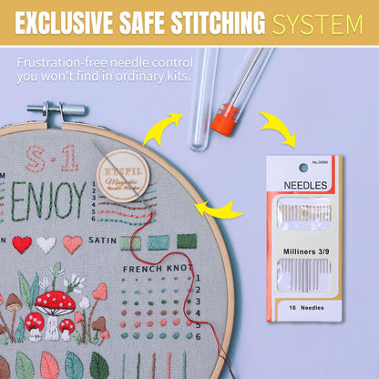 ETSPIL Embroidery Kit for Beginners, Magnetic Needle Minder & 4K Video Tutorials, Pre-Printed Floral Patterns, Bound Guide, Relaxing Screen-Free Craft for Women at Home