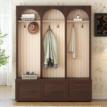 Merax Farmhouse Wood Hall Tree with Shoe Bench and 3 Drawers, 4-in-1 Entryway Coat Rack with 8 Hooks for Entrance, Hallway, Mudroom Dark Walnut