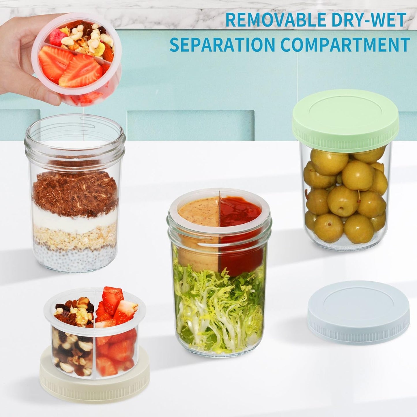 16 oz 4-Pack Xyptorix Overnight Oats Containers with Airtight Lids - Leak-Proof Wide Mouth Mason Jars & Divided Cups