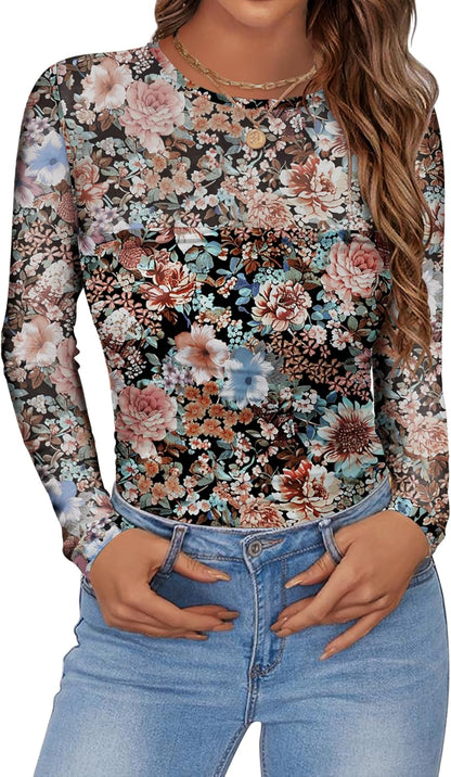 Zeagoo Long Sleeve Shirts for Women Sheer Mesh Sexy Blouses Fall Fashion Crewneck Going Out Tops