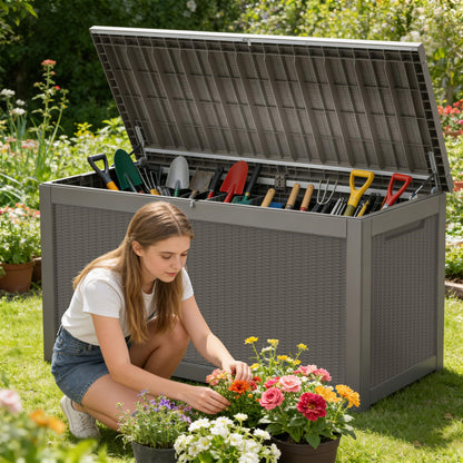 Decksplore 320 Gallon Outdoor Storage Box Resin Deck Box All Weather Waterproof Large Lockable Storage Container Deck Box for Patio Furniture, Garden Tools, Lockable, Grey