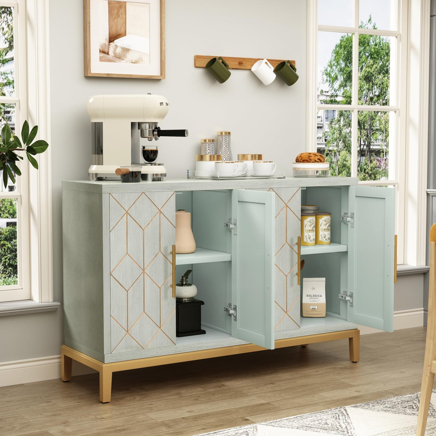 ARTPOWER Accent Cabinet with 4 Doors, Modern Credenza Storage Cabinet, Carved Decorative Buffet Sideboard for Living Room, Kitchen, Office, and Hallway, Green