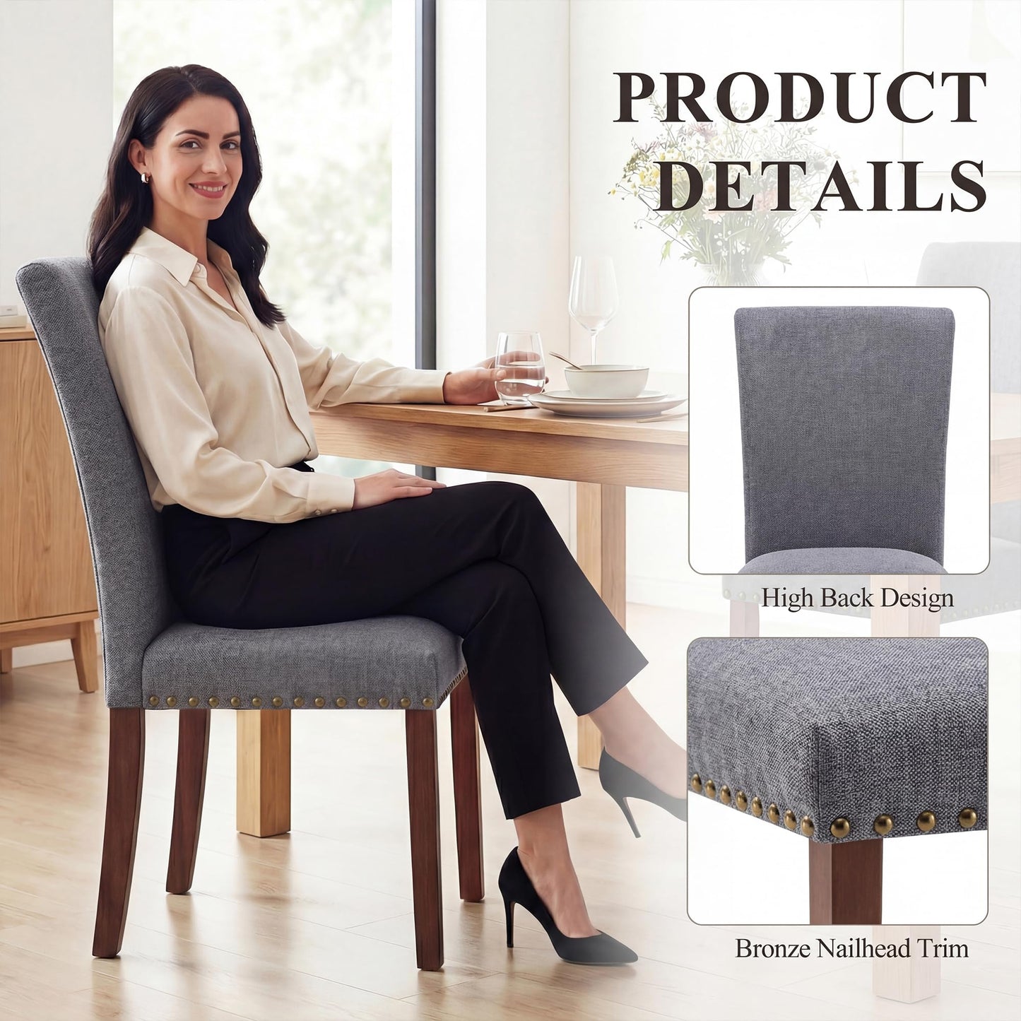 COLAMY Upholstered Parsons Dining Chairs Set of 4, Fabric Dining Room Kitchen Side Chair with Nailhead Trim and Wood Legs - Dark Grey