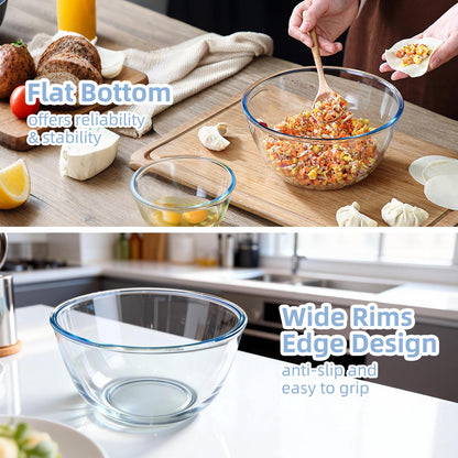 WhiteRhino Glass Mixing Bowls Glass Bowls with Lids Set(4.5QT,2.7QT, 1.1QT),Large Salad Bowls,glass mixing bowl Space-Saving Nesting Storage bowls for Cooking,Baking,Prepping,Dishwasher Safe