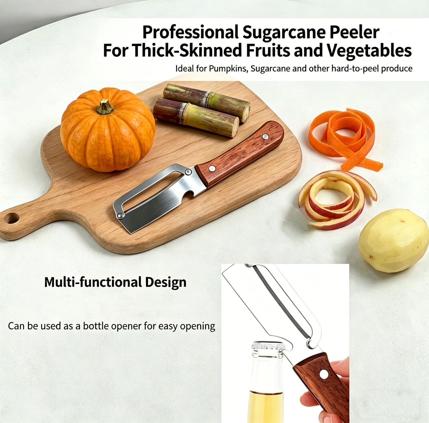 2 Pack 2 in 1 Multi Functional Vegetable Peelers, Kitchen Tool with Wooden Handl and Bottle Opener,Stainless Steel Potato Peelers, Kitchen Fruit & Veggie Peelers with Ergonomic Grip