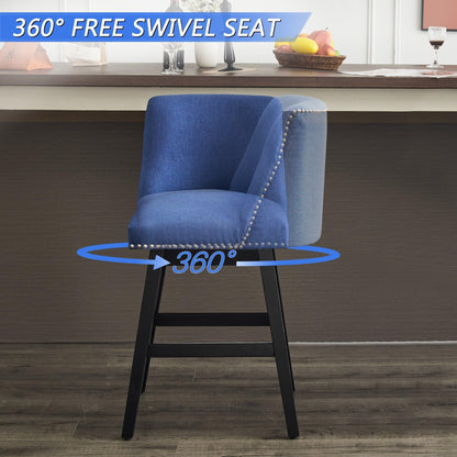 Upholstered Swivel Bar Stools Set of 2, 26" Counter Height Modern Chairs with Ergonomic Design, Wood Frame & Adjustable Foot Pad for Kitchen Island, Home Bar, Dining Room, Dark Blue